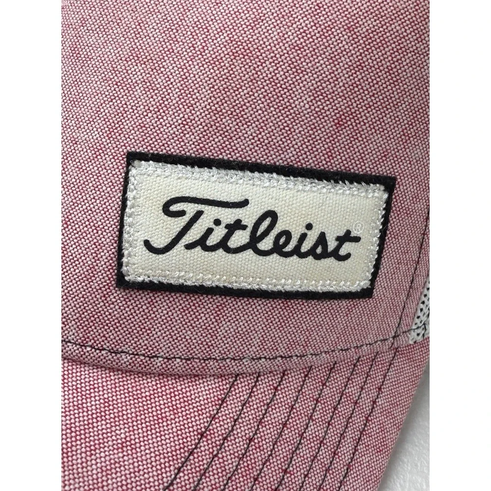 Titleist Golf Hat Mens L/XL Pink‎ White Mesh Back Trucker Stretch Fit Cap Logo